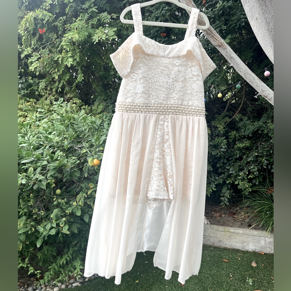 Girls Off the Shoulder Romper Lace Chiffon Dress with pearl detailing Size 10